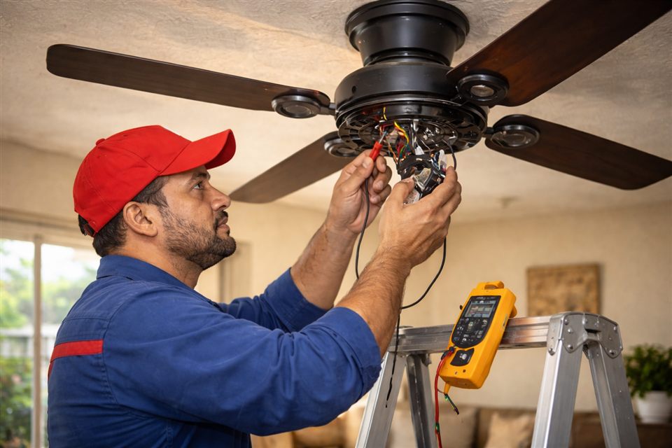 Electrician repairing a ceiling fan at home