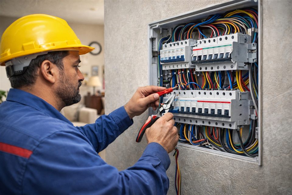 Electrician checking a distribution board and house wiring
