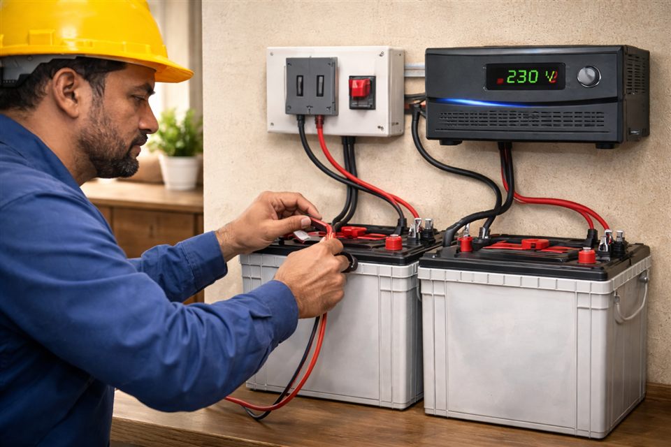 Electrician installing inverter batteries and backup wiring