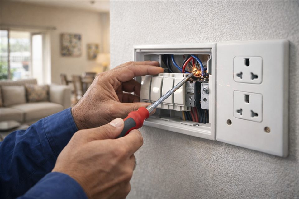 Electrician repairing a switchboard and wall power socket
